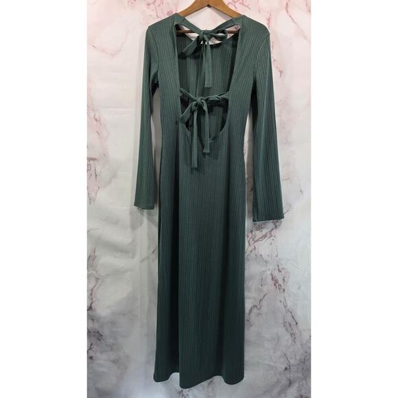 Reformation Dress Womens Medium Green Benedict Ribbed Maxi Sweater Back Bow  - www.threedaughtersproperties.com